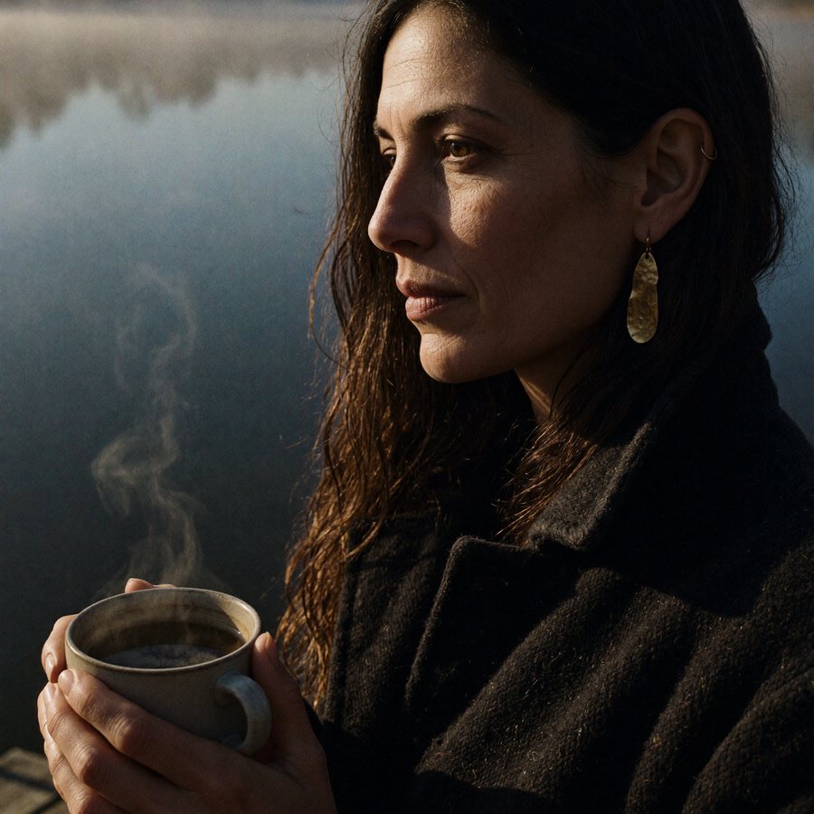 Lizzy Veyra holding a steaming cup of coffee by the misty river in the early morning.