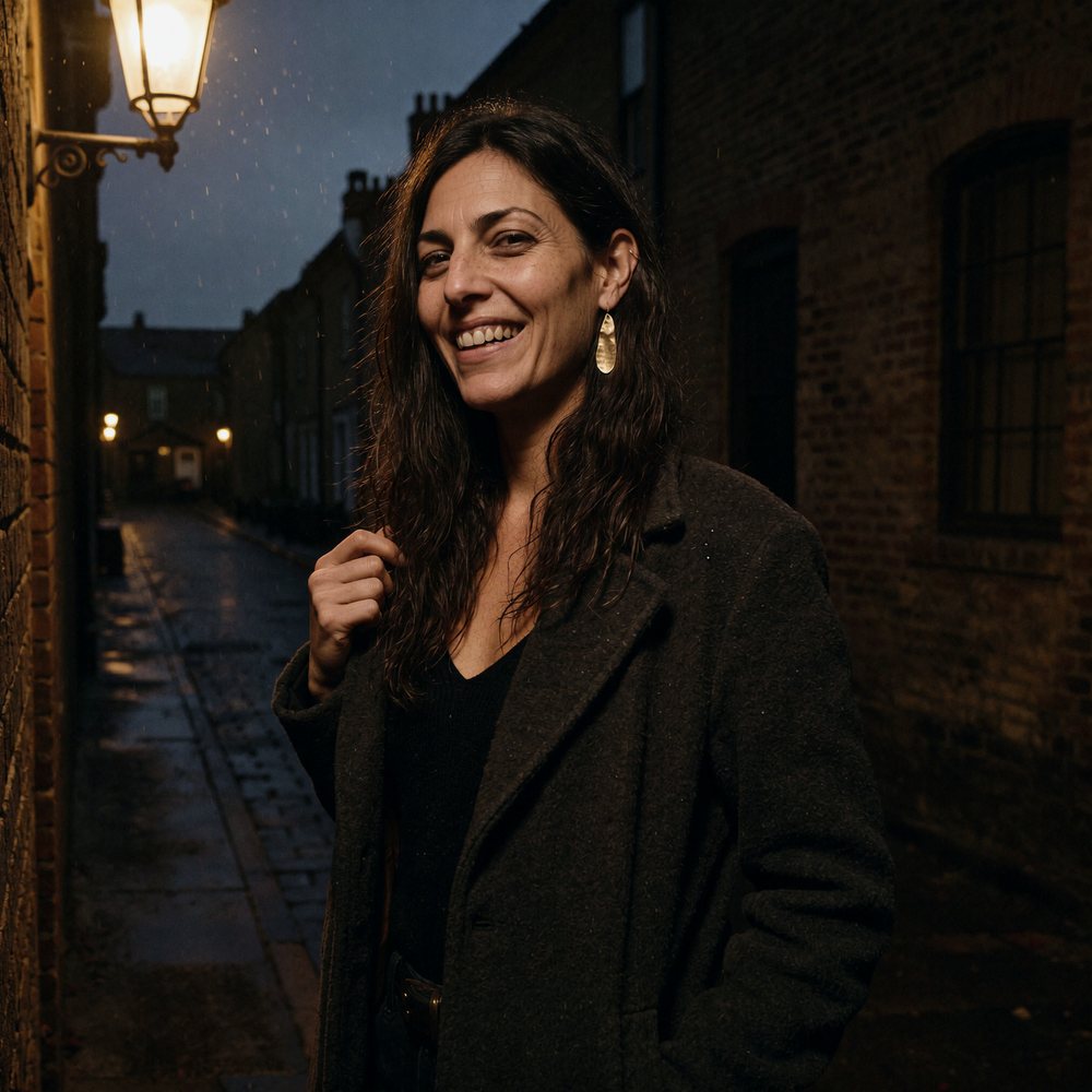 Lizzy Veyra laughing in a narrow lane at night under an old wall lamp.