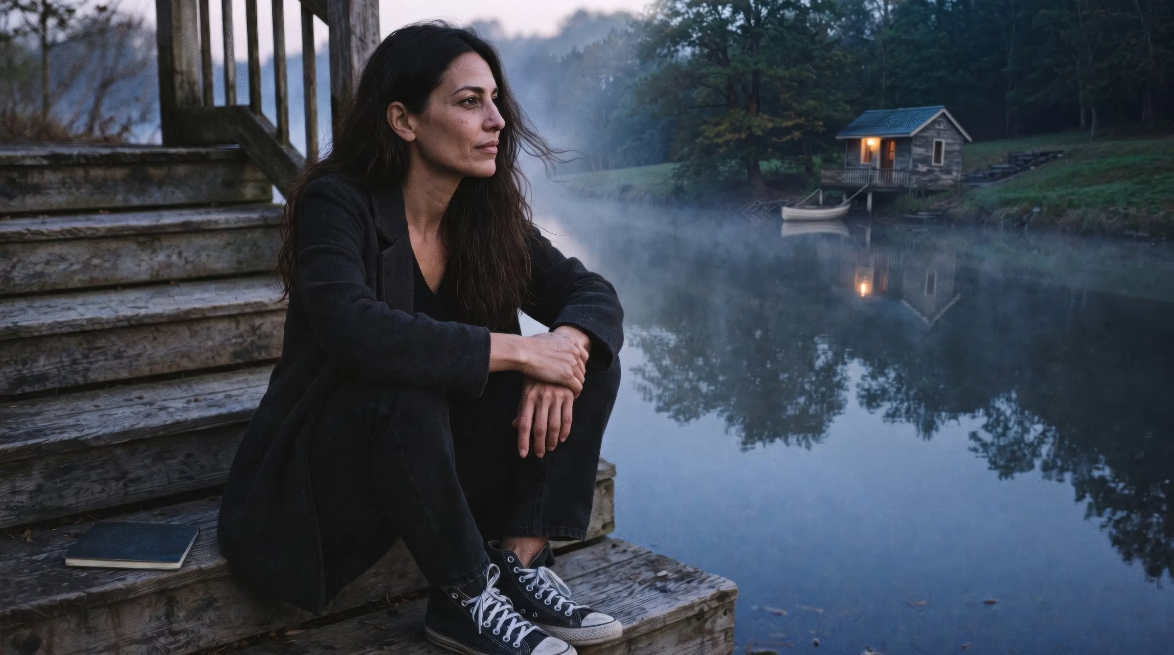 Lizzy Veyra sitting on the worn wooden steps by a misty river at dawn, a small cabin with one lit window across the water.