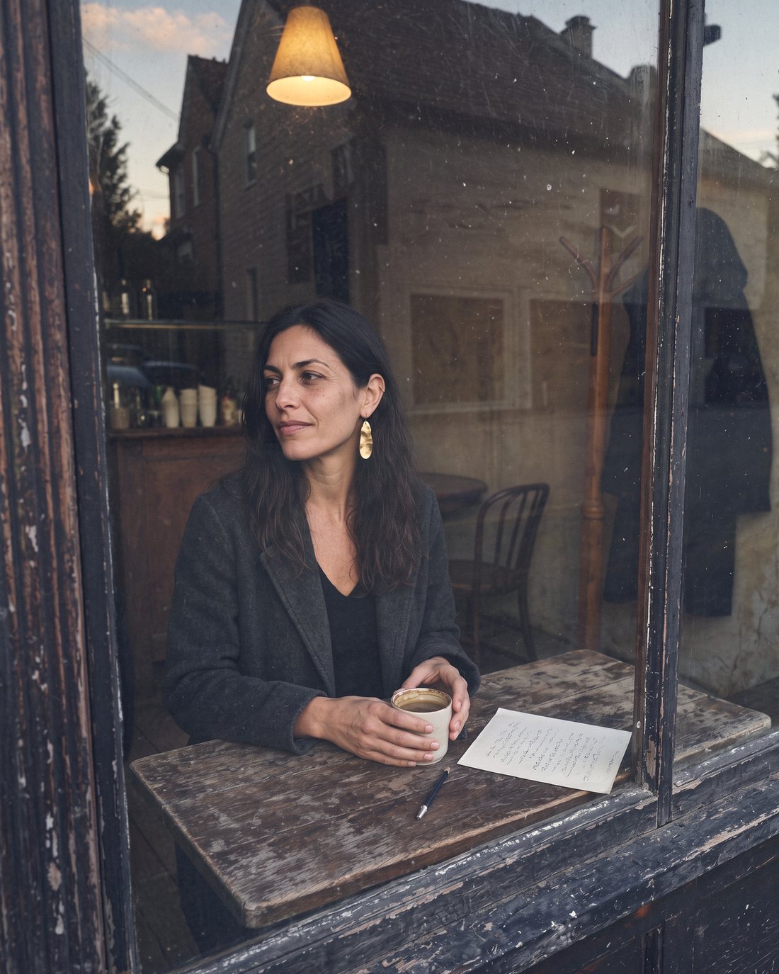 Lizzy Veyra seen through a rainy café window at night, a cup of coffee and a notebook in front of her.