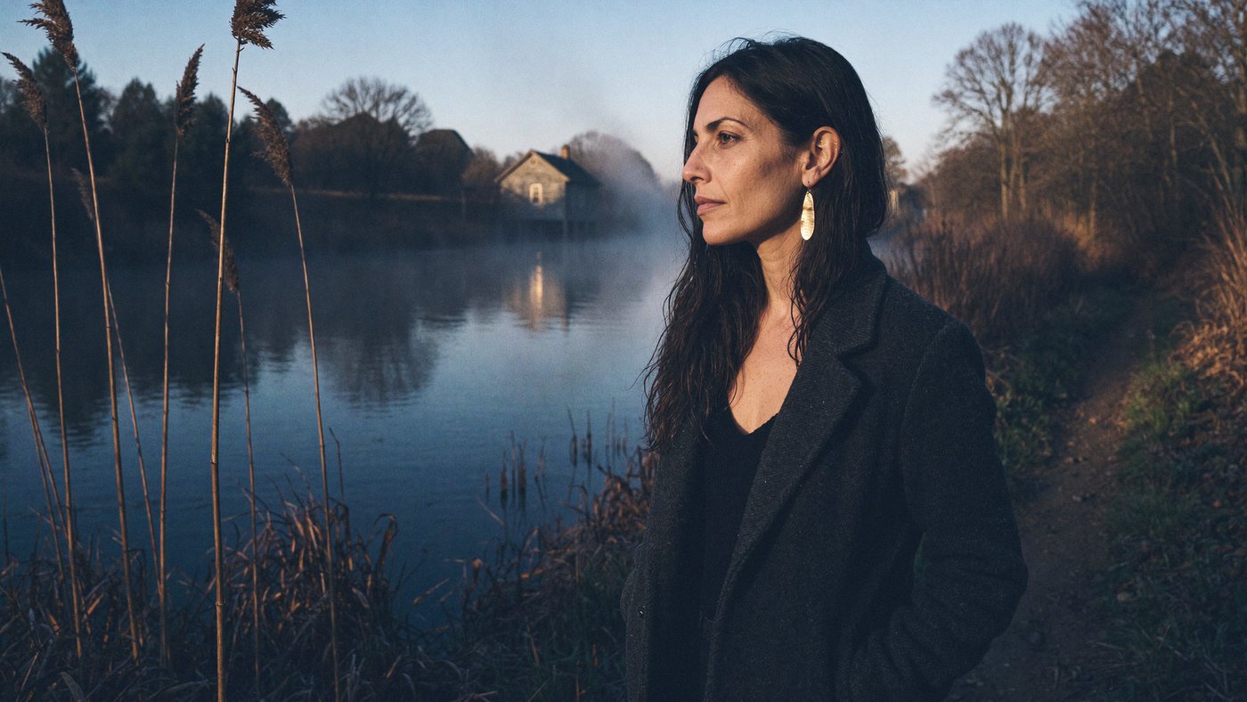 Lizzy Veyra standing in the reeds by the river at dawn, looking toward a cabin across the water.
